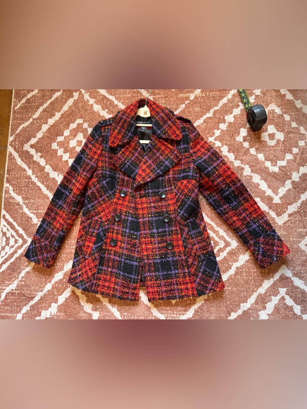 MODA international plaid boucle textured pea coat size medium NWOT